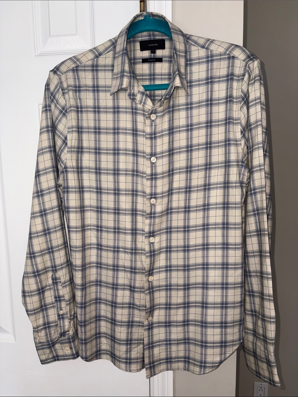 Vince Men's Cream and Blue Plaid Button-Down Shirt